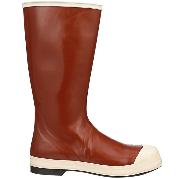 A Tingley brick red rubber boot with white soles.