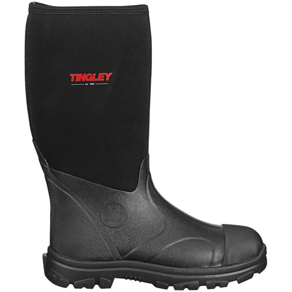 A black Tingley Badger waterproof boot with red text on the toe