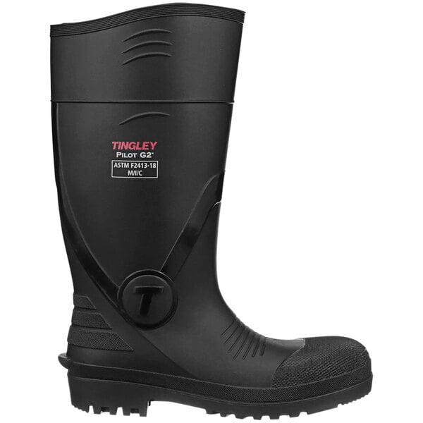 A black Tingley Pilot G2 Safety waterproof knee boot with white text on the toe.