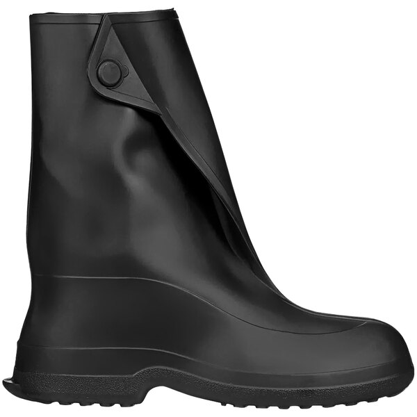 A black rubber overshoe with a button and zipper.