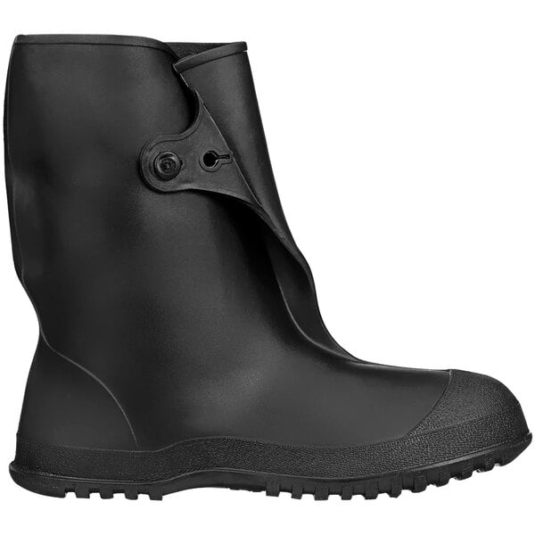 A Tingley black waterproof overshoe with a rubber sole and button closure.