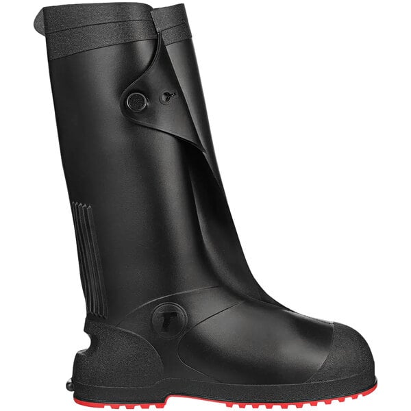 A black Tingley Workbrutes overshoe with red soles.