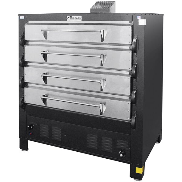 A black and silver Peerless natural gas pizza deck oven with four drawers.