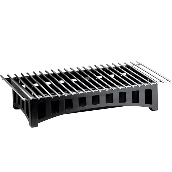 A black rectangular grill with metal grate.