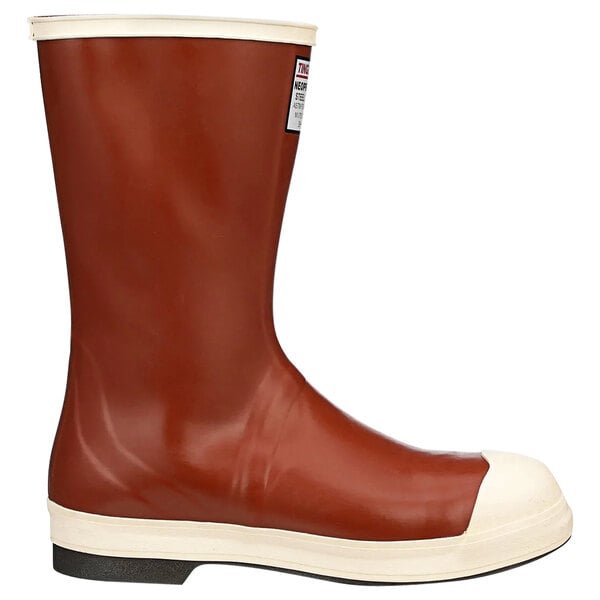 A pair of brick red Tingley steel toe boots with white soles.