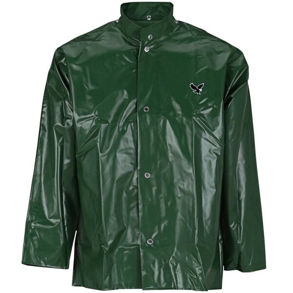 A green Tingley Iron Eagle rain jacket with a black logo on the chest.