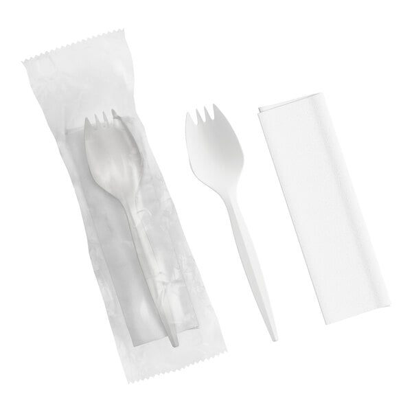 Choice Medium Weight White Wrapped Polypropylene Plastic Spork and Napkin Kit - 1,000/Case