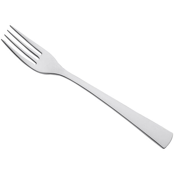 An Amefa Livia stainless steel dessert fork with a white handle.