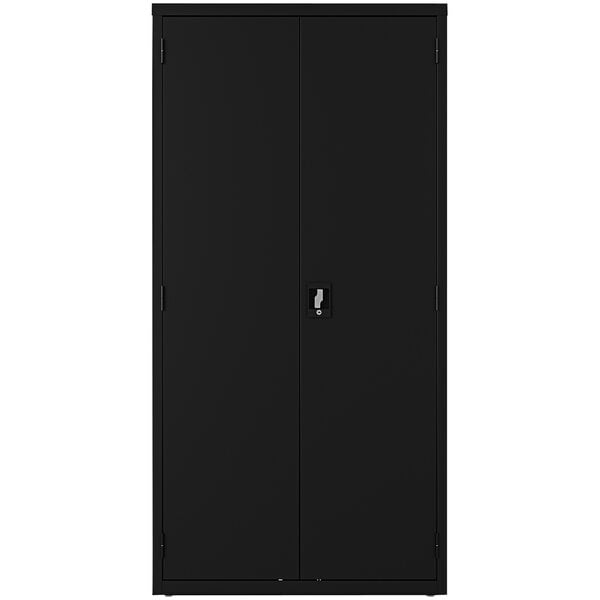 A black steel Hirsh Industries janitorial cabinet with two doors.