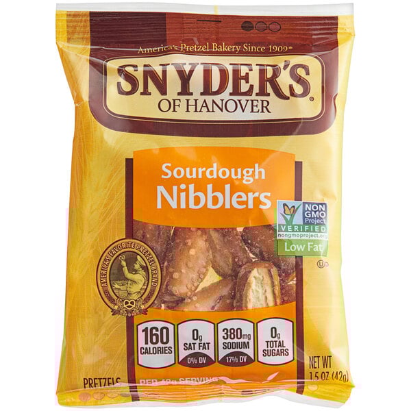 A bag of Snyder's of Hanover Sourdough Pretzel Nibblers on a white background.