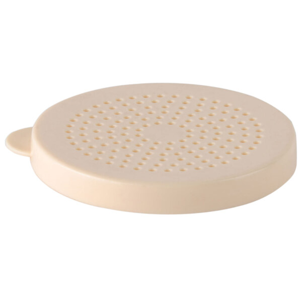 A white Tablecraft plastic lid with holes.