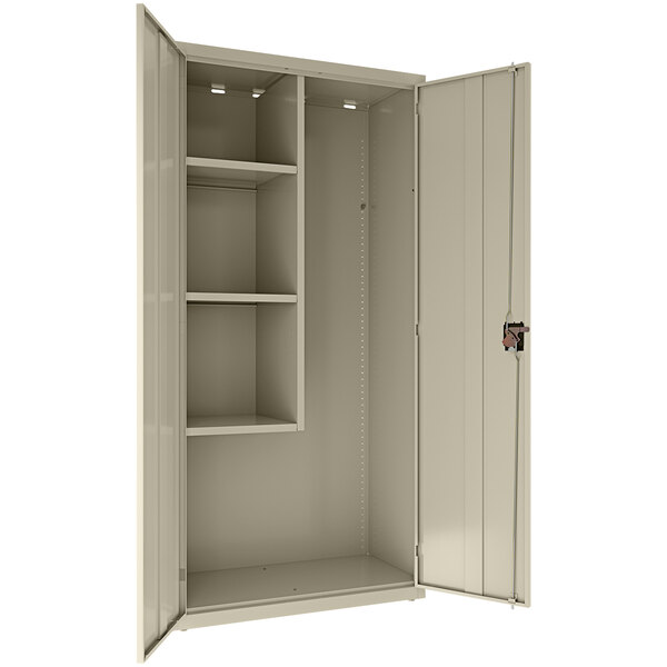 A white metal Hirsh Industries janitorial cabinet with shelves and doors.