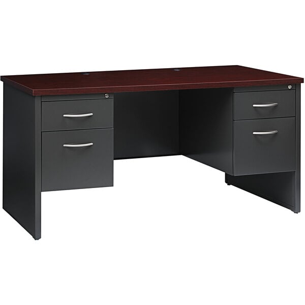 A charcoal and mahogany desk with two pedestals and drawers.