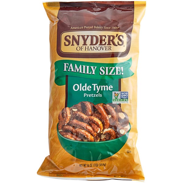 A brown bag of Snyder's of Hanover Olde Tyme Pretzels.