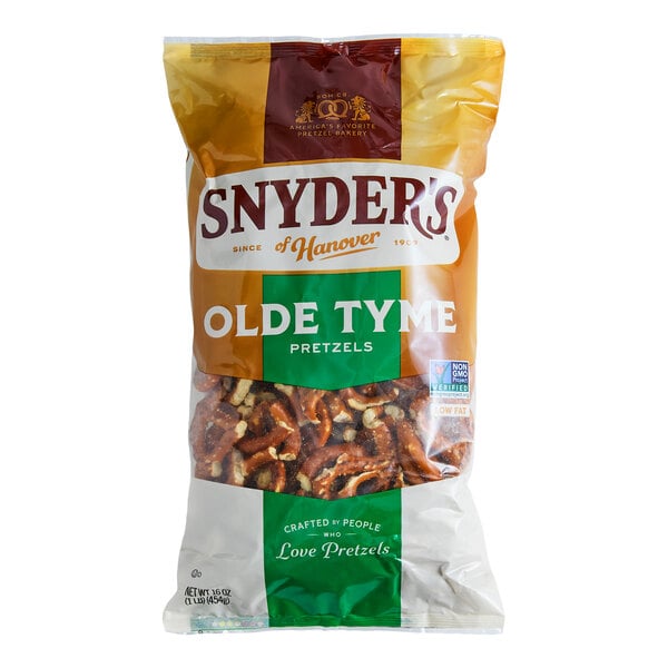 A 1-pound bag of Snyder's of Hanover Olde Tyme Pretzels.