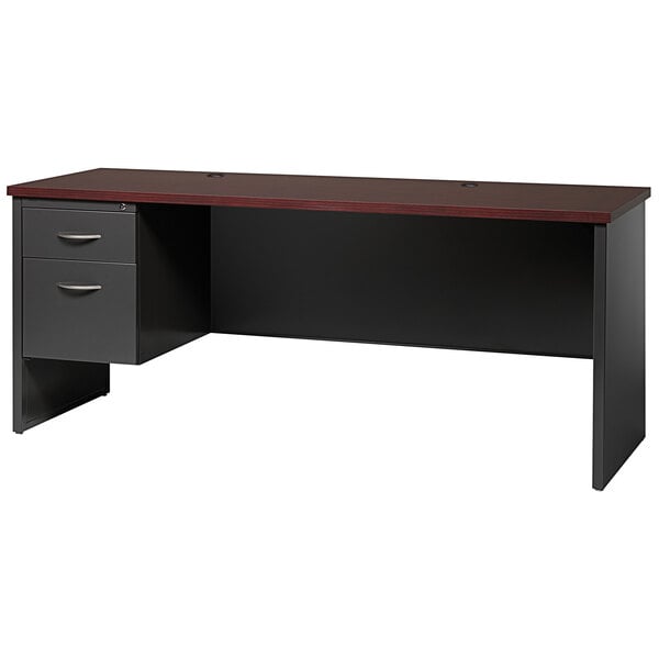 A charcoal and mahogany desk credenza with a left-hand pedestal with drawers.