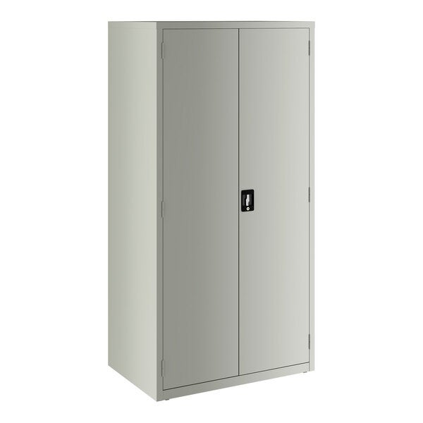 A light gray metal storage cabinet with two doors and four shelves.