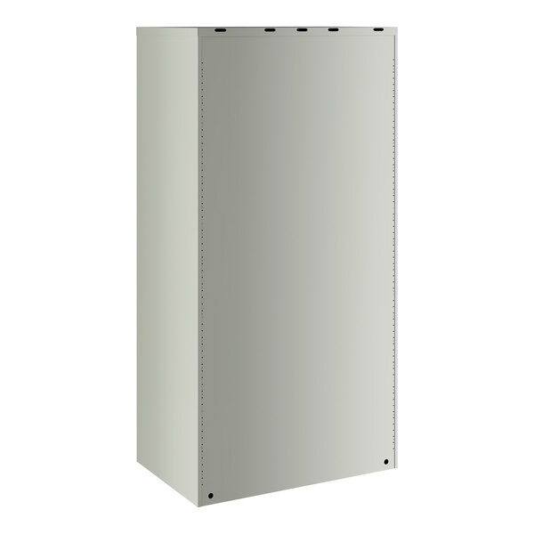 A tall, light gray metal storage cabinet with a plain front and no visible handles or shelves.
