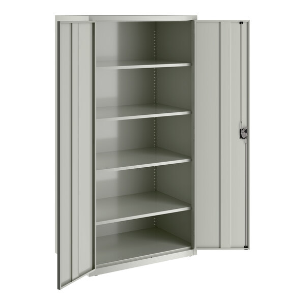 A light gray metal storage cabinet with four adjustable shelves and two doors, one of which is open.