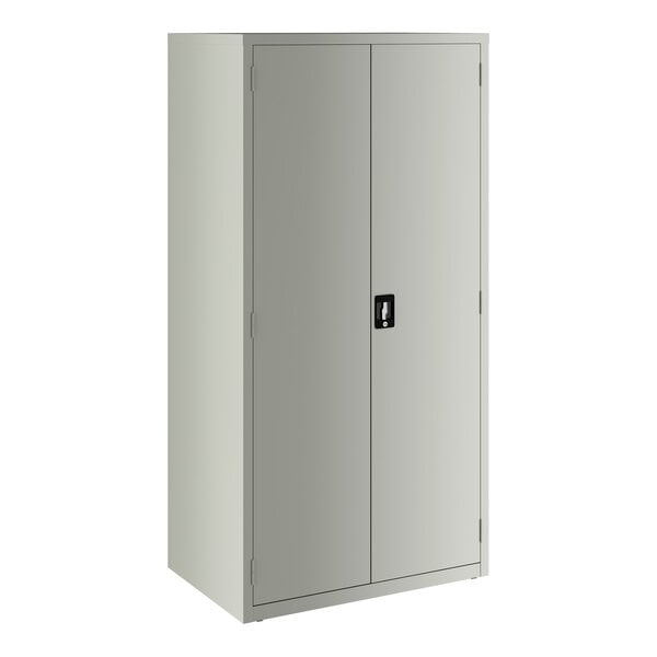 A light gray metal storage cabinet with two doors and a central lock, featuring four internal shelves.