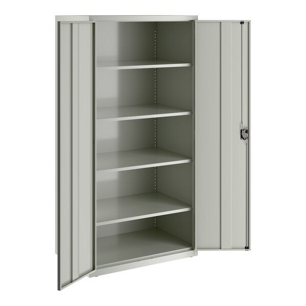 A light gray metal storage cabinet with four adjustable shelves and two doors, one of which is partially open.