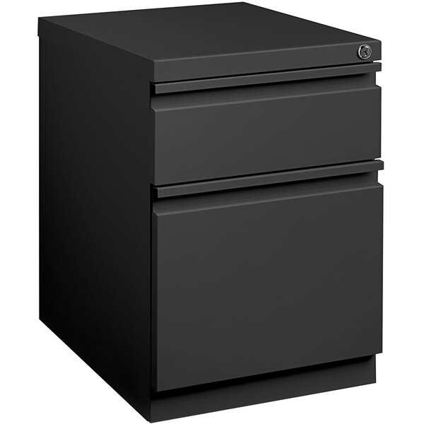 A black Hirsh Industries mobile pedestal filing cabinet with 2 drawers.