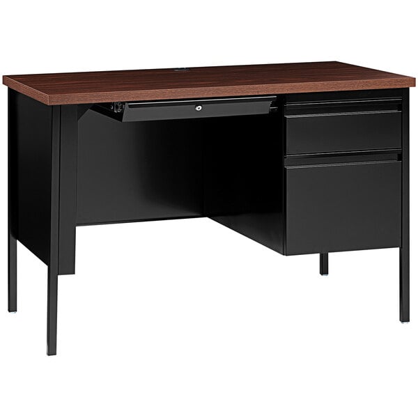 A black and wood Hirsh Industries office desk with right-hand pedestal.