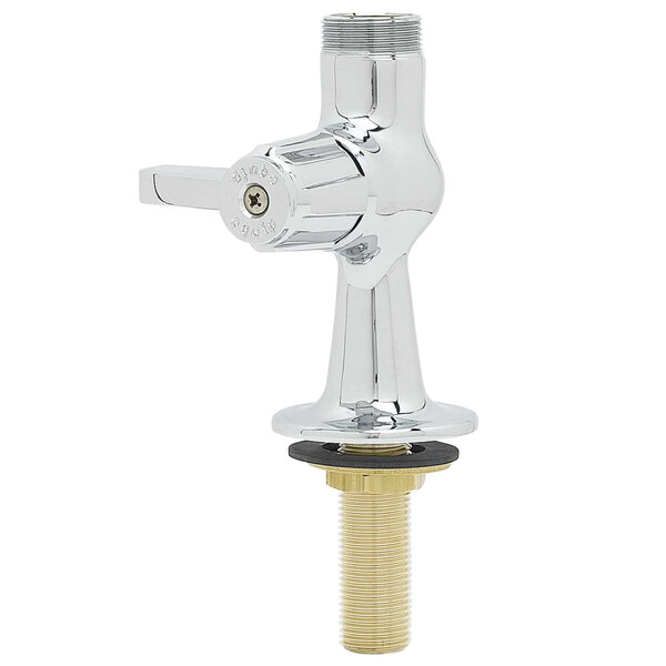 A silver Equip by T&S deck mount faucet with a gold nut.