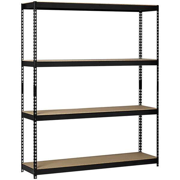 A black metal Hirsh Industries 4-shelf steel shelving unit.