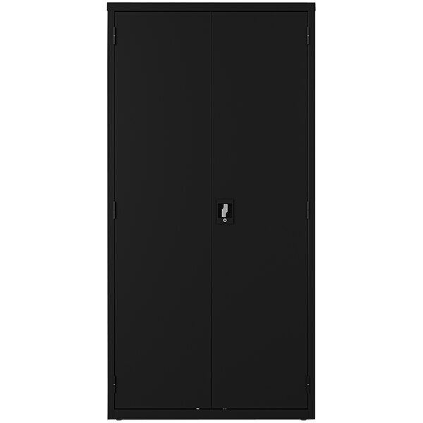 A black steel Hirsh Industries wardrobe cabinet with two doors.