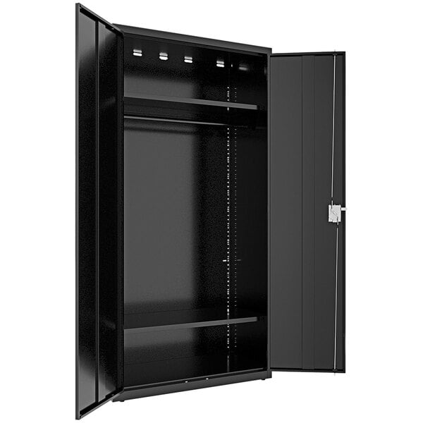 A black metal Hirsh Industries wardrobe cabinet with shelves and doors.