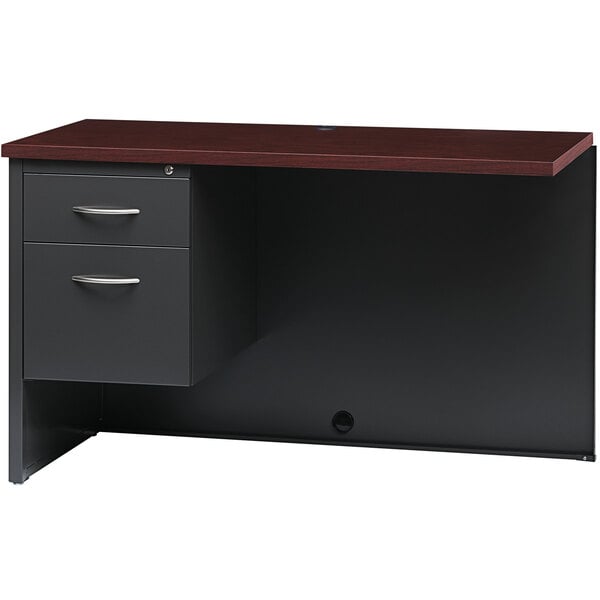 A charcoal and mahogany left-hand return for a Hirsh Industries single pedestal desk with a drawer.