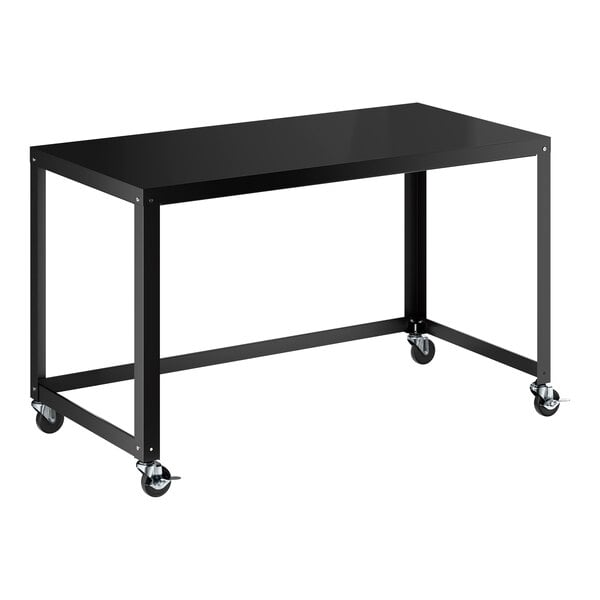 A black metal desk with a rectangular top and four caster wheels for mobility.