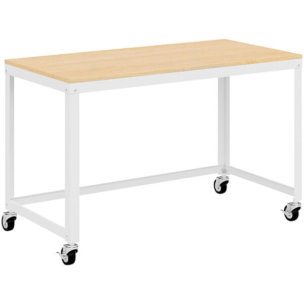 A white and wood Hirsh Industries mobile metal desk with wheels.