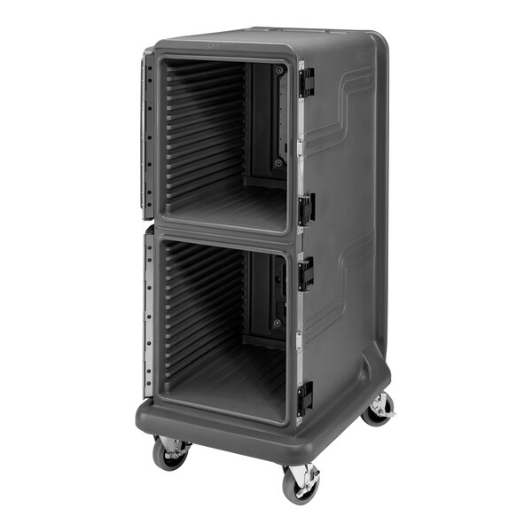 A black plastic container with wheels.