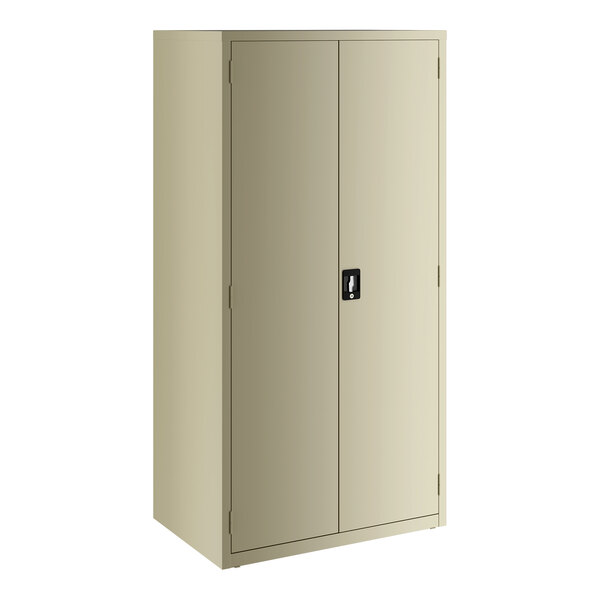 A tall, beige metal storage cabinet with two doors and a central lock, featuring four internal shelves.