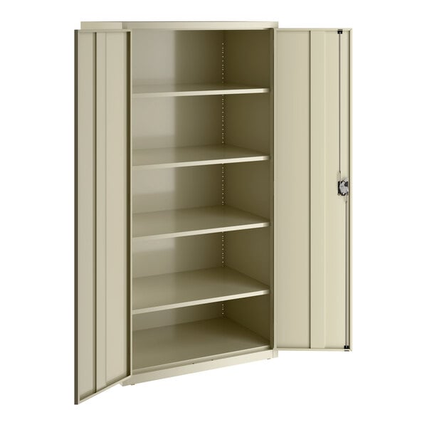 A tall putty-colored metal storage cabinet with four adjustable shelves and two doors, one of which is open.