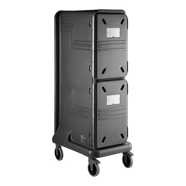 A black rectangular Cambro Pan Carrier with wheels.