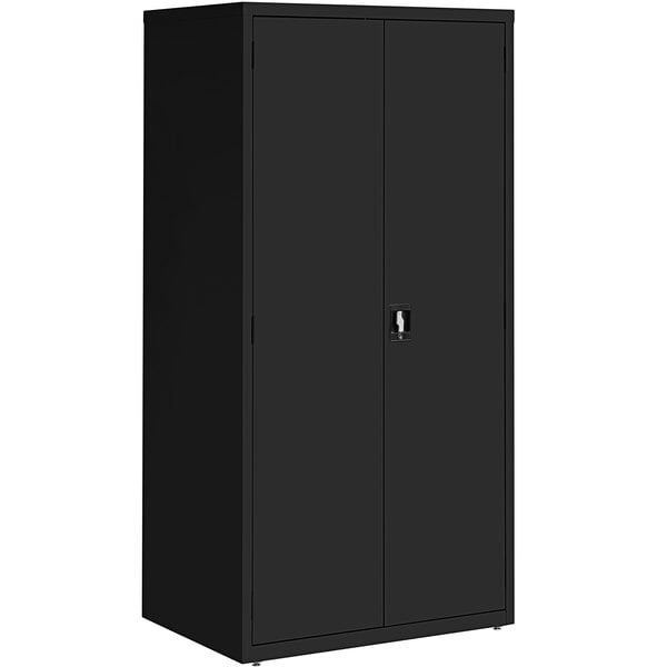 A black storage cabinet with 4 shelves and 2 doors.