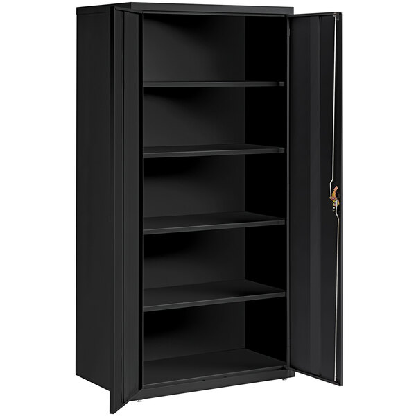 A black metal Hirsh Industries storage cabinet with open doors and shelves.