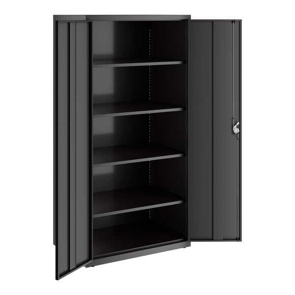 A black metal storage cabinet with four adjustable shelves and a lockable door.
