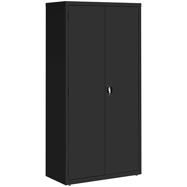 A black storage cabinet with two doors.