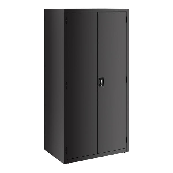 A tall black metal storage cabinet with two doors and a central lock, featuring four internal shelves.