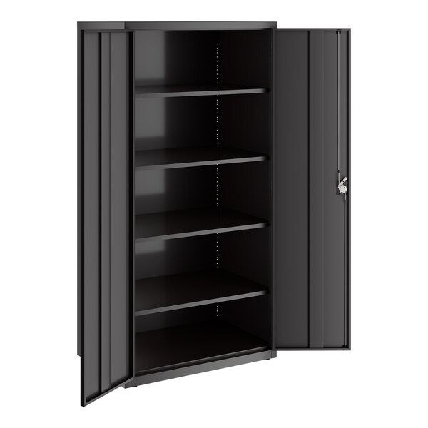 A black metal storage cabinet with four shelves and a lockable door.