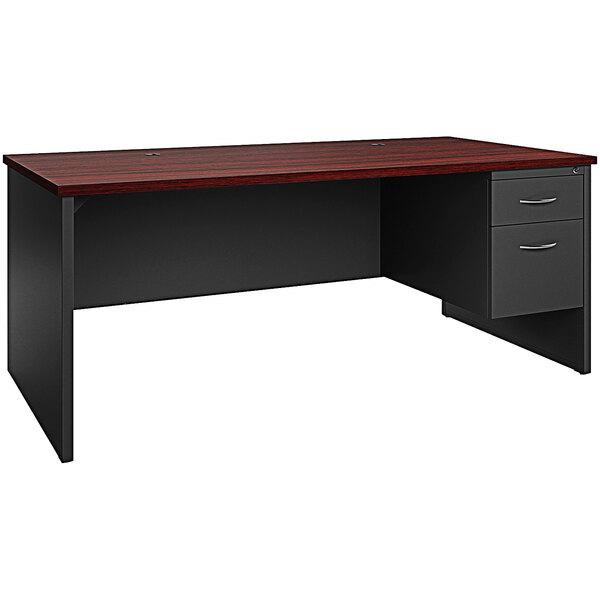 A charcoal black Hirsh Industries desk with a mahogany top and right-hand pedestal.