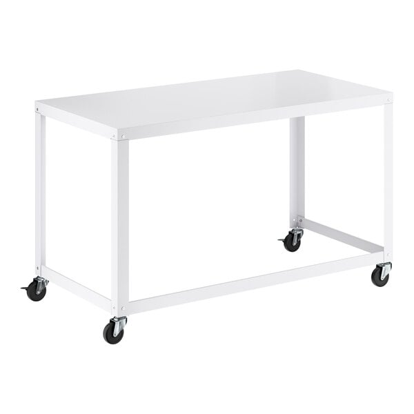 A white metal desk with a rectangular top and four caster wheels for mobility.