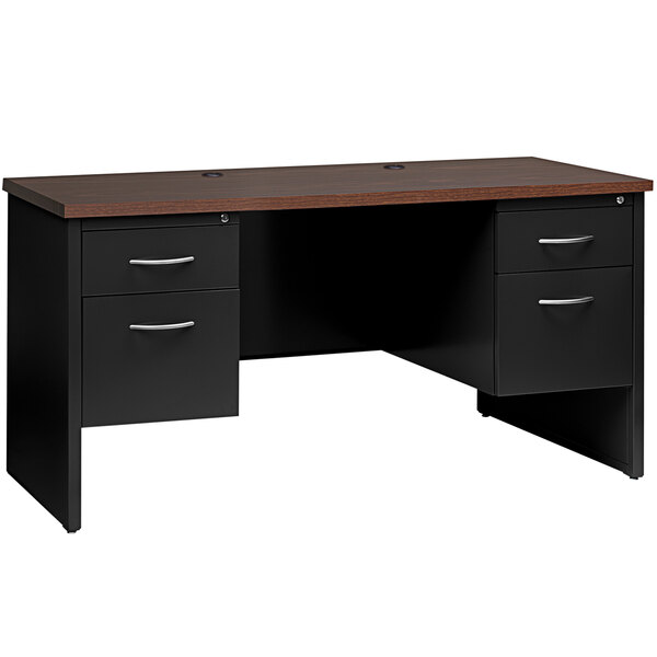 A black and brown desk credenza with 2 pedestals.