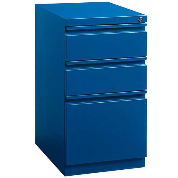 A blue Hirsh Industries mobile pedestal filing cabinet with 3 drawers.