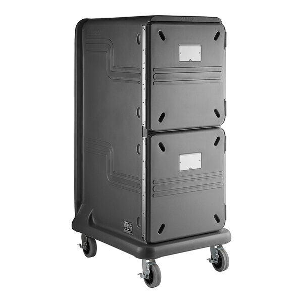 A black metal Cambro Pan Carrier with wheels.