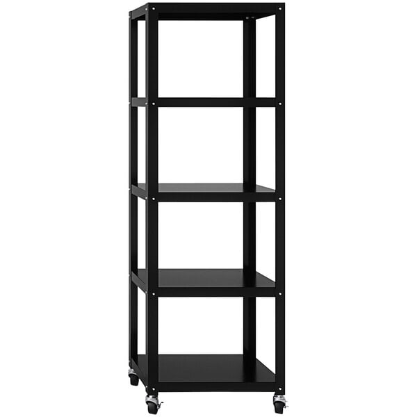 A black metal Hirsh Industries mobile 5-shelf bookcase on wheels.